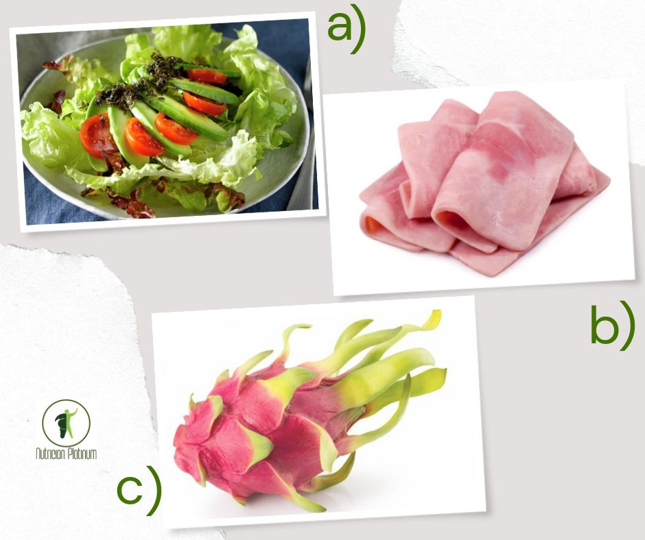 Ensalada de aguacate y algas nori con jamón de york y 1 pitaya tamaño de puño.